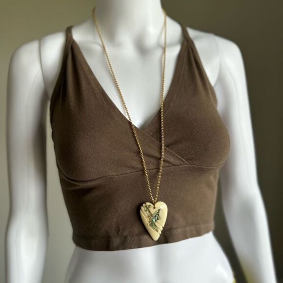 Vintage Abalone Inlay Shell Heart Lucite Necklace On Gold Tone Chain - Picture 5 of 8